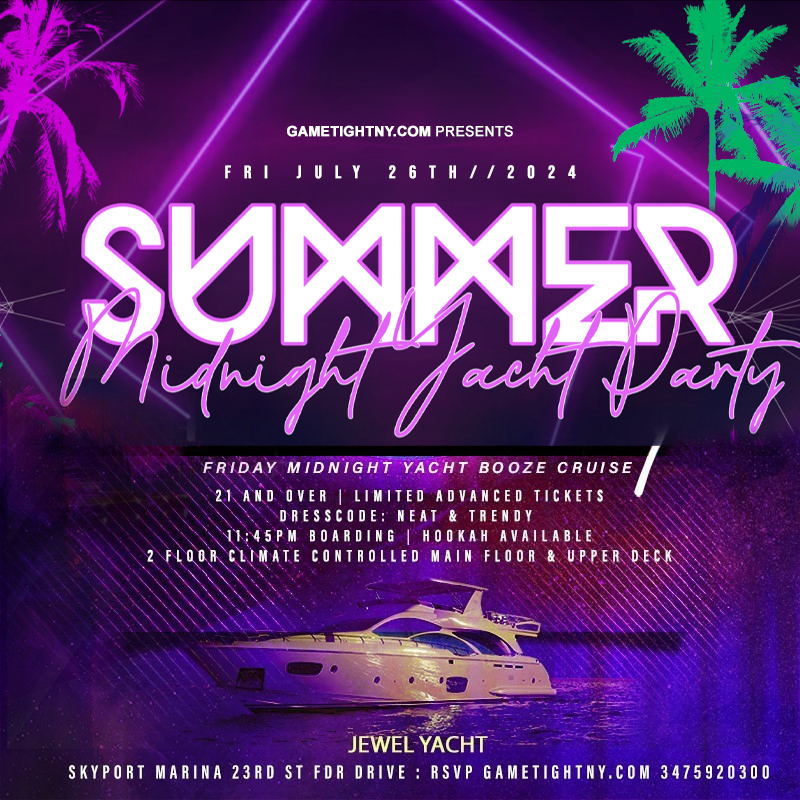 Friday NYC Summer Midnight Booze Cruise Jewel Yacht party Skyport Marina